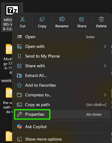 Choose Properties from the VR HUB ZIP right-click menu