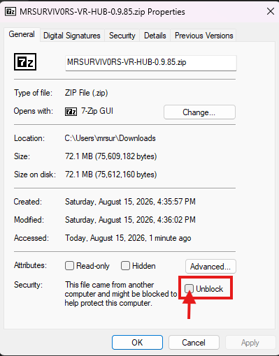 Check the Unblock box in Windows file properties